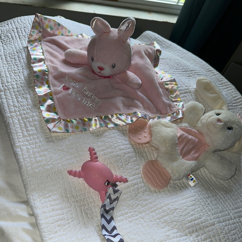 Magic Years baby security lovey, Bobo Buddies teething plush bunny & teether set